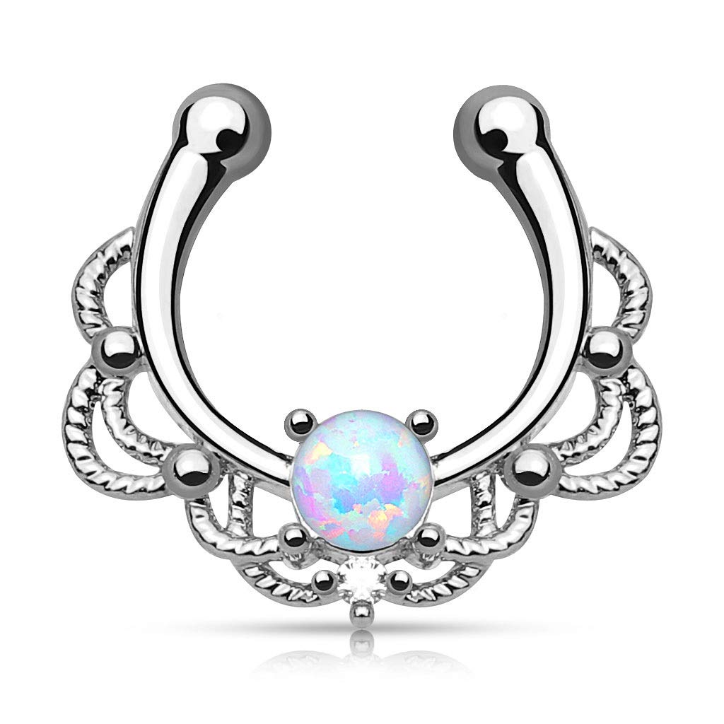 Pierced Owl - 16GA Lacey Single Synthetic Opal Clip On Fake Non No Piercing Septum Hanger Ring