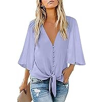 ZEFOTIM Cute Shirts for Women,Summer Fashion Button Down Plain Tops Shirts Basic Bell Sleeve V-Neck Baggy Blouse Tees Tunic Womens Tops and Blouses Chiffon Blouses for Women(#2-Purple,Large)