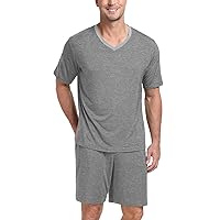 PrinStory Men's Pajama Set Sleepwear Pjs Lightweight Quick Dry Short Sleeve V-Neck Shirts and Shorts Soft Comfy Sleep Sets