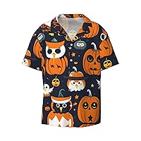 Halloween Owl Ghost Pumpkin Print Mens Dress Shirts Casual Button Down Short Sleeve Summer Beach Shirt Vacation Shirts