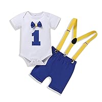 IBTOM CASTLE Baby Boy First Birthday Bunting Flag Outfit Bow Tie Bodysuit Shorts Y-back Suspenders Photo Shoot Clothes Set