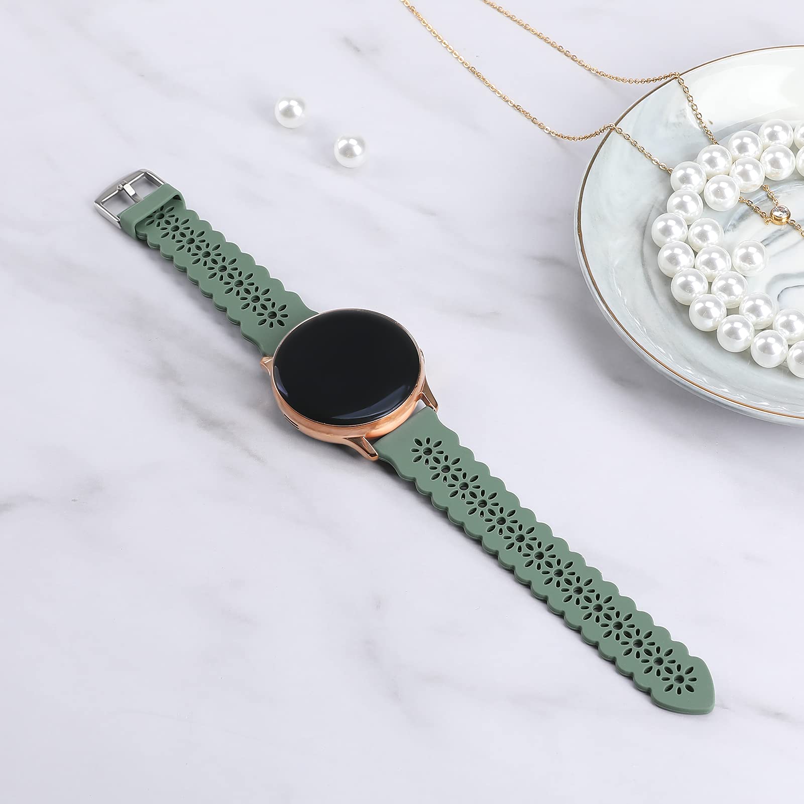 Lace Silicone Band 20mm Compatible for Samsung Galaxy Watch 4 40mm 44mm/Watch 3 41mm/Active 2 Watch Bands 40mm 44mm/Watch 4 Classic 42mm 46mm, Slim Bands Soft Smartwatch Strap for Women(PineGreen)