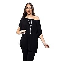 New Womens Ladies Sexy Off Shoulder Batwing Short Cap Sleeve Womens Loose Fit Baggy with Necklace Tops