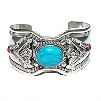 Single Stone Blue Stabilized-Turquoise Adjustable Cuff Bracelet with Decorative Notched Band | Jewelry for Men & women