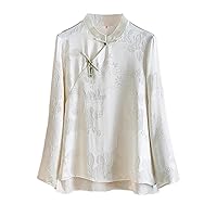 Women Blouse Silk Floral Pattern Pleated Mock Neck Long Sleeve Hand Button Retro Top 104
