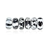 Mixed Set Of 4 or 6 Bundle .925 Sterling Silver Core Translucent Shades Of White Black Animal Spots Gold Specks Floral Murano Glass Charm Bead Spacer Fits European Bracelet For Women Teen