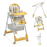 Baby High Chair, High Chairs for Babies and Toddlers with Adjustable Backrest/Footrest/Seat Height,Foldable High Chair with 4 Wheels, Toddler High Chair with Double Removable Tray(Yellow)