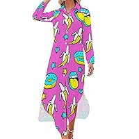 Neon Colors Bananas Donuts Casual Maxi Shirt Dresses for Women Long Sleeve Button Down Blouses