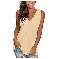 Womens Tank Tops Summer Shirts, Sleeveless Casual Loose Tunic Blouses, Solid Deep V Neck Tee Shirts with Pocket
