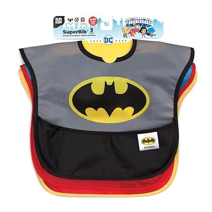Bumkins Bibs for Girl or Boy, SuperBib Baby and Toddler for 6-24 Months, Essential Must Have for Eating, Feeding, Baby Led Weaning, Mess Saving Waterproof Soft Fabric, 3-pk DC Comics Justice League