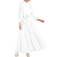 MITILLY Women's Fall Dresses Elegant Floral High Neck Long Sleeve Elastic Waist Formal Maxi Dress with Belt