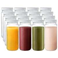 Suwimut 16 Pack Glass Juicing Bottles, 16oz Reusable Glass Drinking Bottle Jar Clear Glass Water Bottle with Plastic Airtight Lids for Juice, Smoothies, Tea, Milk, Kombucha, Homemade Beverages