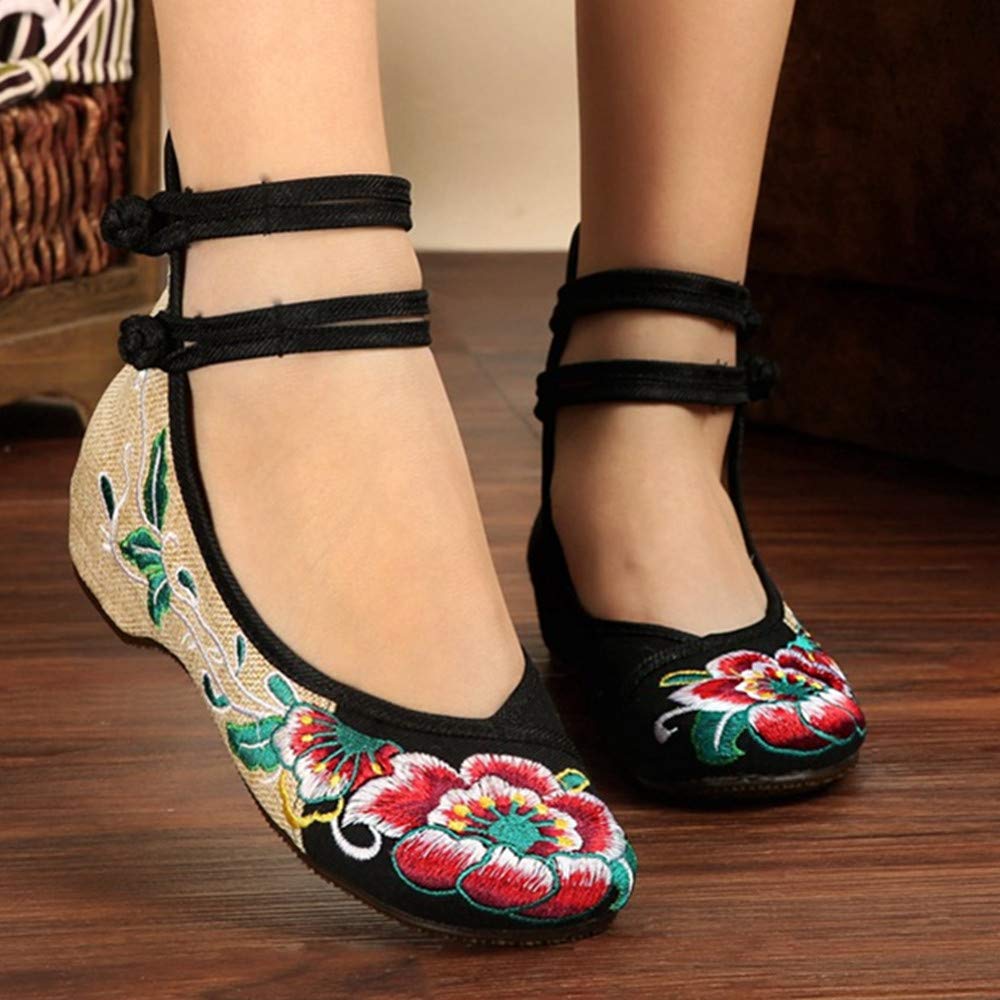 BININBOX Women Chinese Embroidered Flower Flat Bridal Mary Jane Ballet Shoes