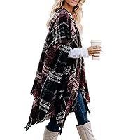LittleMax Ponchos for Women, Shawl Wrap Fall Clothes Open Front Boho Buffalo Cardigan Oversized Plaid Cape Sweater Tassel