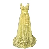 Women's 3D Butterflies Sage Green Tulle Prom Dress Sweetheart A Line High Slit Fairy Evening Gown