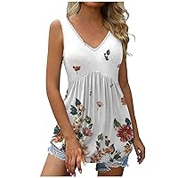 Women Fashion Flower Print Tunic Sleeveless T-Shirts Summer V Neck Casual Loose Fit Flowy Tank Tops for Vacation