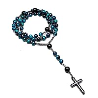 CALOZITO Natural Light Blue Tiger Eye Catholic Christ Rosary Necklaces Bead Long for Men Cross Pendant Necklace Meditation EA15N