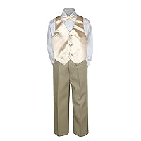 4pc Formal Baby Toddler Boy Champagne Vest Bow Tie Set Khaki Pants S-7 (7)