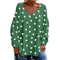 St Patricks Day Shirt Women V Neck Irish Clover Shamrock Print Shirts Funny Long Sleeve St Patty Day Outfit