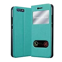 Book Case Compatible with Huawei P10 Plus in Mint Turquoise - with Magnetic Closure, 2 Viewing Windows and Stand Function - Wallet Etui Cover Pouch PU Leather Flip
