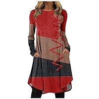 Pink Flowy Dress Lace Maxi Dress,Dresses for Women 2024 Burgandy Dress Women's Long Sleeve Dresses Plus Size Women's Fashion Casual Printed Round Neck Pullover Loose Dress Knit(D-Red,XXL)