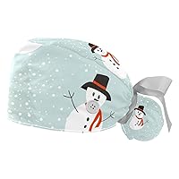 Christmas Snowman Tree Scrub Hats Women Long Hair Working Cap with Button & Sweatband 2 PCS Unisex Tie Back Hats