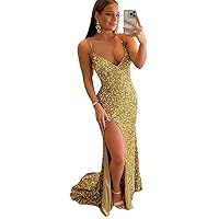 Glitter Spaghetti Straps Mermaid Prom Party Dresses 2023 Sequins Sparkly Evening Formal Gown
