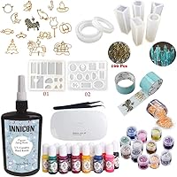 250g Crystal Clear Epoxy Resin Decoration Kit 9 Silicone Molds 12 Accessories Glitters 13 pigment Mini UV/LED Lamp Tweezers For DIY Jewelry Starter Kit for Resin Crafts Pendants Charms Making