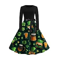 Women's St Patricks Day Dress Vintage Classic Dress Long Sleeve Print Round Neck Swing Dress St, S-2XL