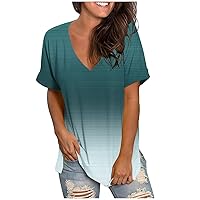 Womens Tops Casual V Neck Short Sleeve Blouse Tops Comfy Loose Summer Shirts Gradient Color Dressy Blouse T-Shirt