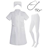 Nurse Costume for Women White Lab Coat Doctor Costume Halloween Outfit Include Coat Hat Stethoscope Socks Glasses