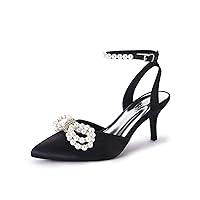 Coutgo Womens Bowknot Heels Pumps Stiletto Closed Pointed Toe Pearl Ankle Strap Wedding Dress Shoes