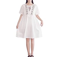Women's Summer Loose Embroidered Midi Linen Cotton Dresses with Pockets