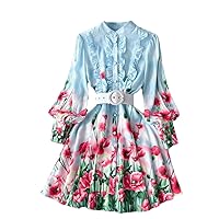 Autumn Short Dress Women's Linen Stand Long Lantern Sleeve Flower Print Ruffles Buttons Sashes Mini Vestidos