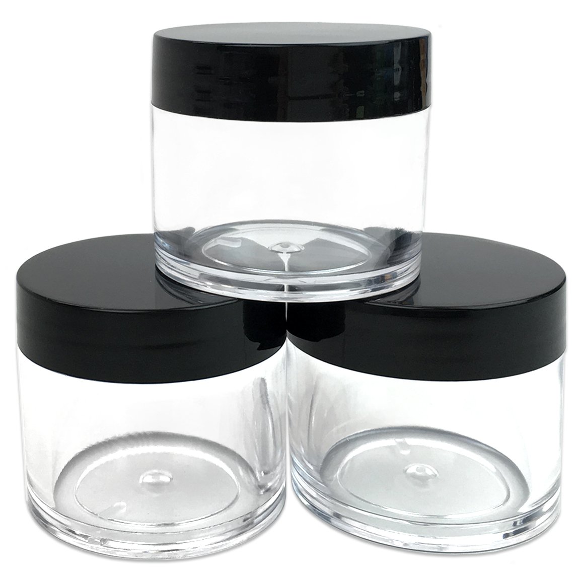 Beauticom 30g/30ml (1 fl. oz.) Double Wall Clear Plastic Leak Proof Jars with Flat Top Lids for Creams, Lotions, Make Up, Powders, Glitters, and more... (Color: Black Lid, Pieces: 12)