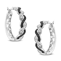 Round Cut Black & Clear D/VVS1 Diamond Accent Twisting Hoop Earrings For Girls & Womens In 925 Sterling Silver