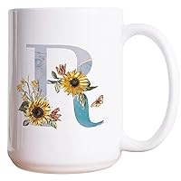 Monogram Letter R Funny Coffee Mugs Blue Grey Letter Sunflower Flower Drinking Cups 15oz Novelty Coffee Mugs Alphabet Letters Birthday Gift For Cappuccino Espresso Latte Milk Tea