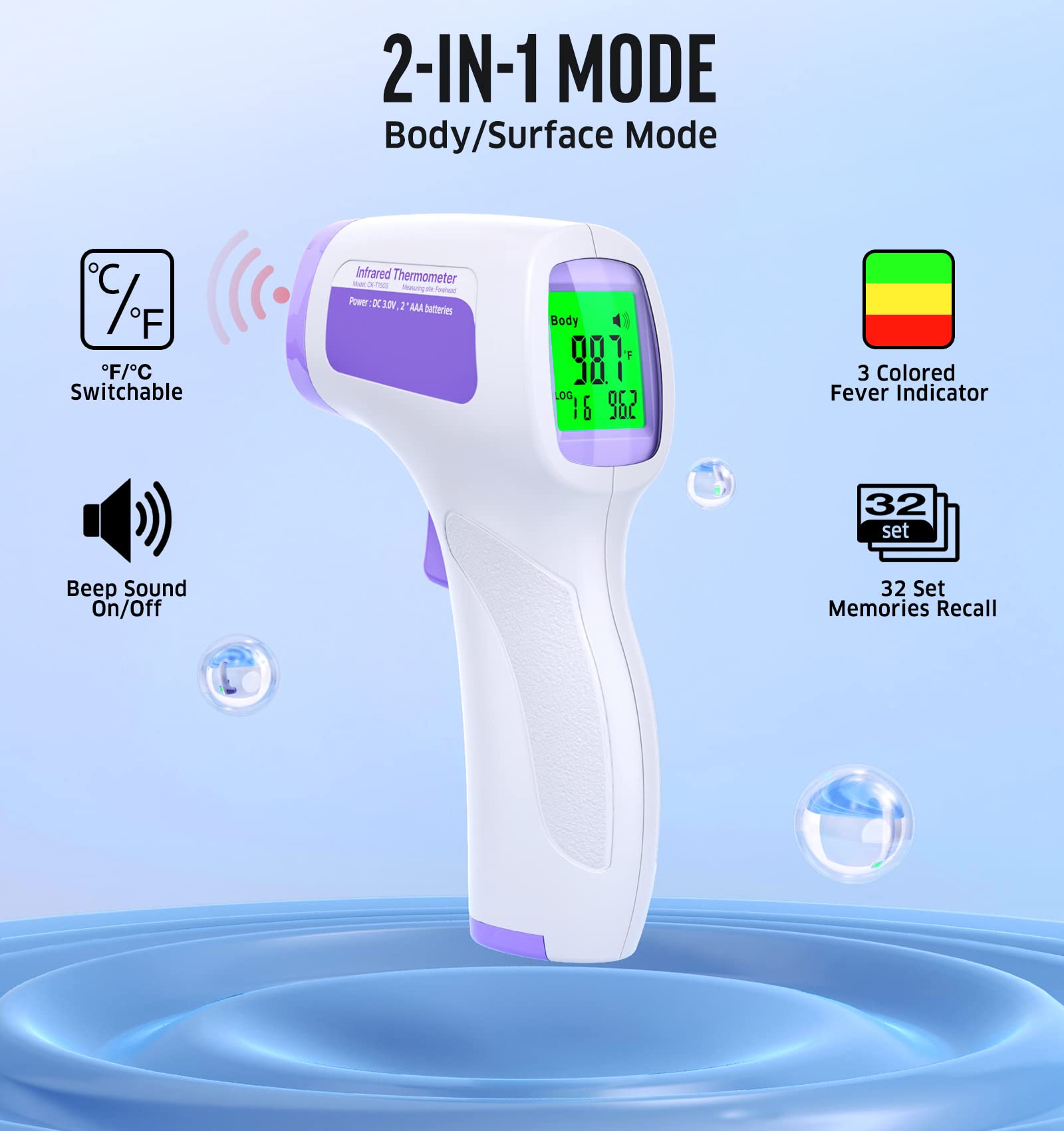 Thermometer for Adults Forehead,Touchless Thermometer for Fever,Digital Infrared Thermometer with Fever Alarm, C/F Switchable, 32 Set Memories Instant Reading Baby Thermometer for Adults and Kids