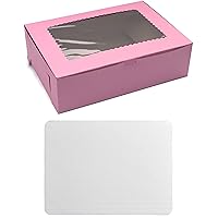Made in USA Recycled Pink Kraft Cake Box with Scalloped Window & Rectangular Cake Boards (Pack of 5 – Front Loading)