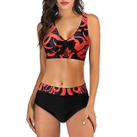 Board Shorts with Pockets for Women Bikini Ruched High Set Print Two Vintage Waist Swimsuit Swimwears Tankinis
