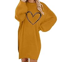 Womens Fuzzy Fleece Dresses Heart Printed Long Sleeve Knitted Sweater Dresses Comfy Round Neck Loose Fitted Pullover Dress