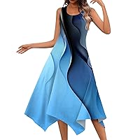 Midi Dresses for Women Crewneck Flowy Beach Dress Floral Print Tank Dresses Hankerchief Hem Sleeveless Sundress