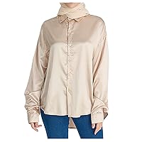 Satin Shirts for Women Comfortable Silky Work Shirts Relax Fit Asymmetric Hem Tees Shirt Long Sleeve Button-Down Tops