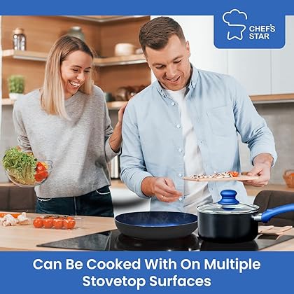 Chef's Star Pots And Pans Set Kitchen Cookware Sets Nonstick Aluminum Cooking Essentials 11 Pieces Blue