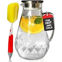 Pykal Diamond Glass Pitcher with Lid - 72 Oz - Heat Resistant Water or Juice Pitchers with Lids - Beverage Carafe for Lemonade, Iced Tea or Sangria - w/Free Brush