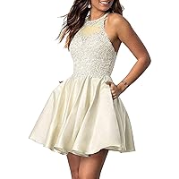 Women's Short Homecoming Dresses Sleeveless Applique Beaded Ball Gown with Pockets