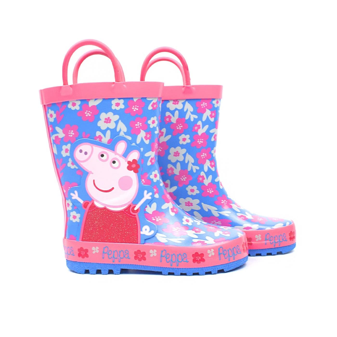 Peppa Pig Wellies Flower Girl's Easy-On Handles Pink Blue Rain Welly Boots