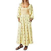 Women Floral Embroidered Maxi Dress Long Puff Sleeve Square Neck Bohemian Flowy Dress with Pockets Smocked Fall Dress