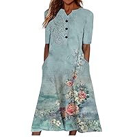 Women Casual Summer Stripe Button V Neck Sleeveless Pocket Long Dress Holiday Dress Floral Beach Party Sundress Midi Dress