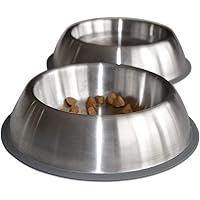PetFusion Premium Brushed Anti-Tip Dog & Cat Bowls (Set of 2 Bowls). Food Grade Stainless Steel. Bonded Silicone Ring for Traction, 14 oz, Metallic
